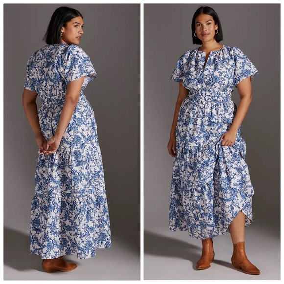 Anthropologie Dresses & Skirts - Anthropologie Maeve Somerset Ivory Blue Floral Tiered Maxi Dress Plus Size